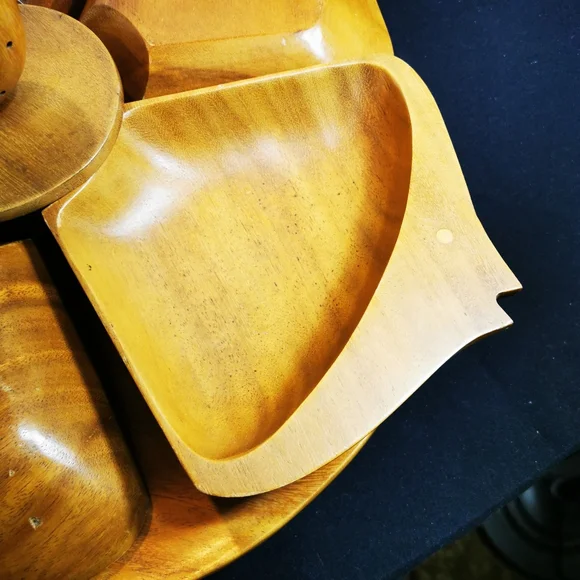 Vintage Wooden Lazy Susan Carved Fish Serving Tray Monkeypod - Picture 9 of 17
